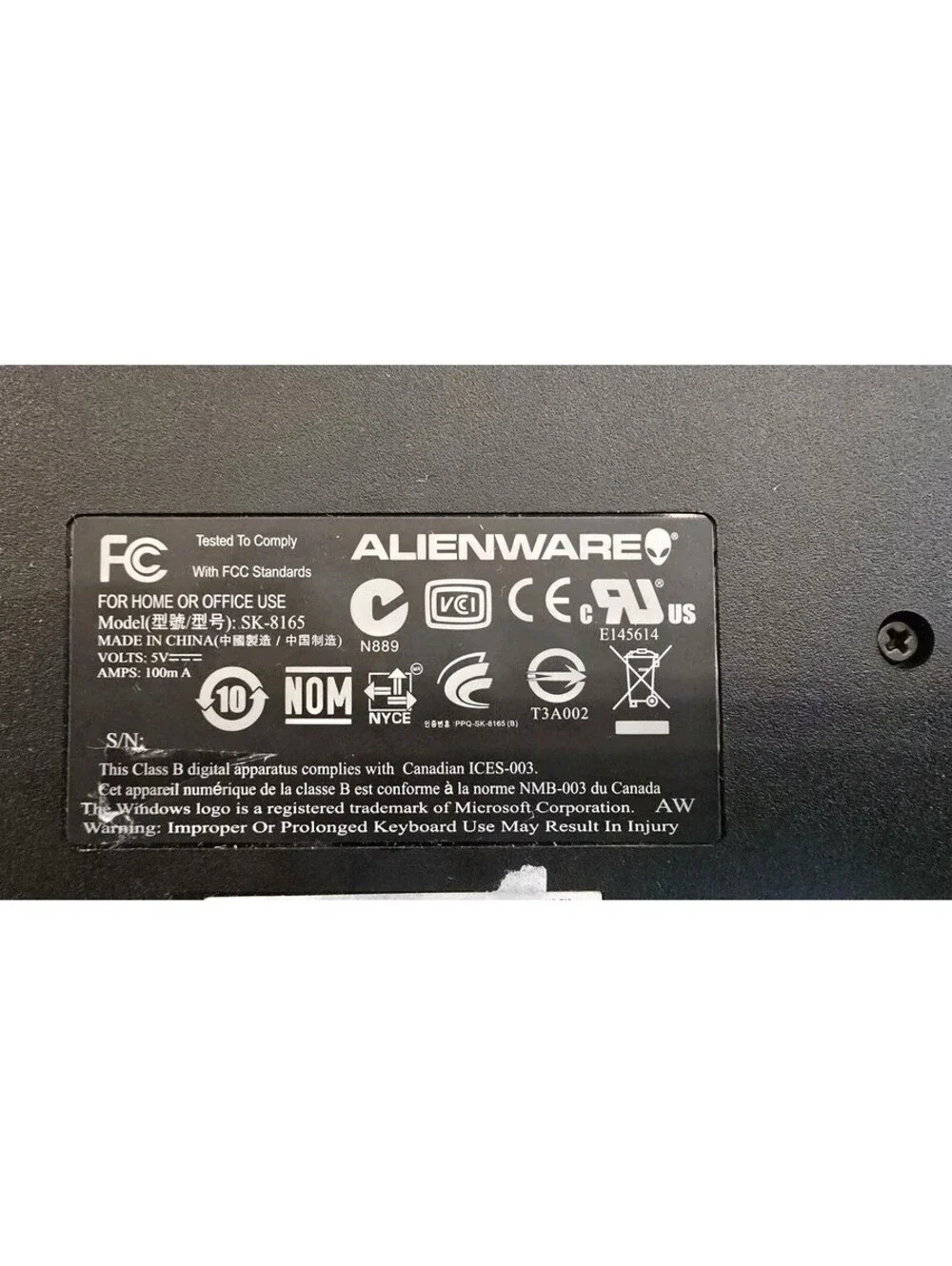 Alienware SK-8165 Black Gaming Keyboard Wired USB Tested